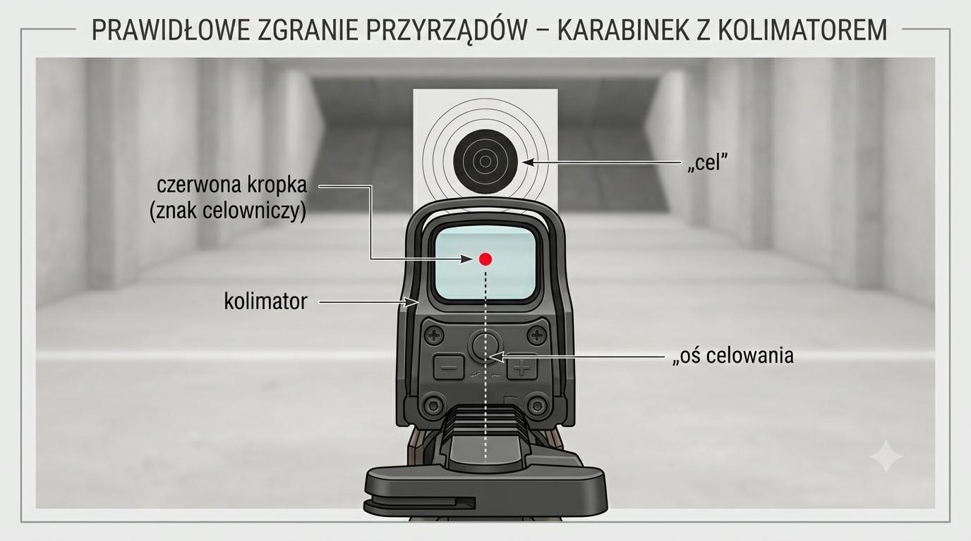 Prawidłowe zgranie przyrządów — karabinek z kolimatorem: czerwona kropka, oś celowania i cel.