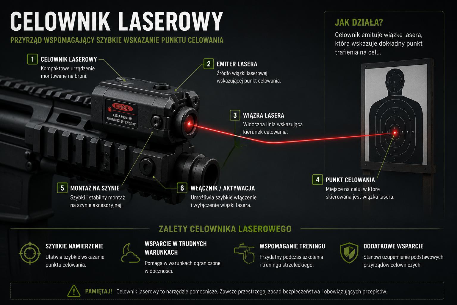 Celownik laserowy — budowa, zasada działania i zalety w zastosowaniach strzeleckich.