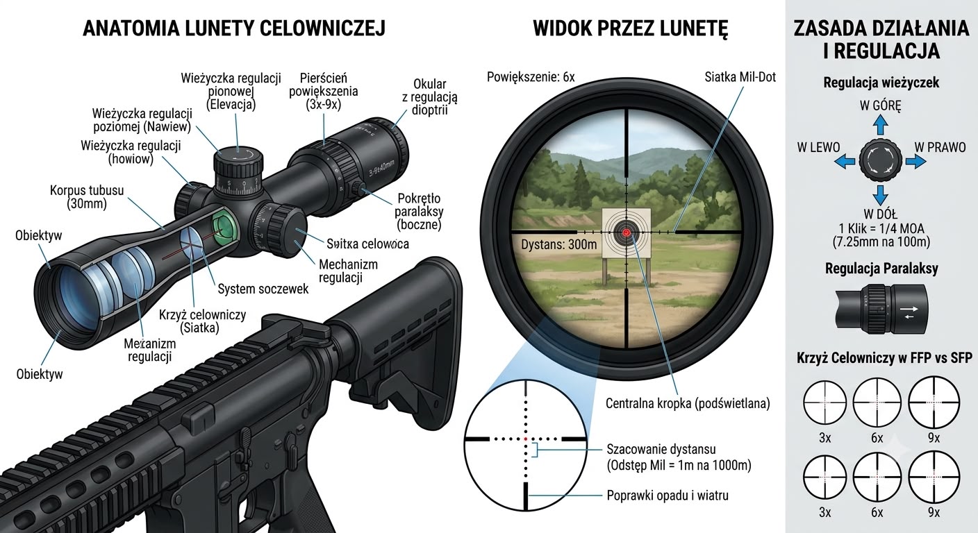 Anatomia lunety celowniczej — budowa, widok przez lunetę oraz zasada działania i regulacji.