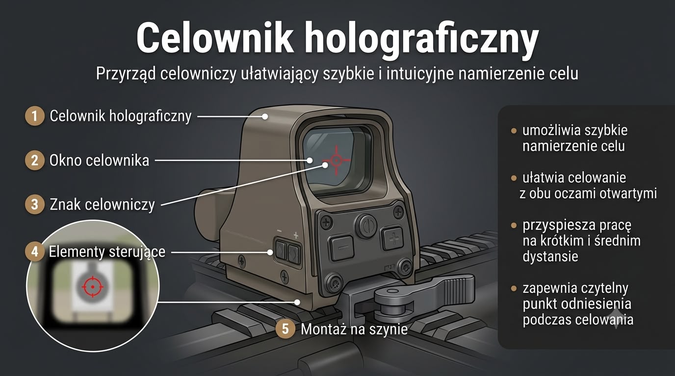 Celownik holograficzny — budowa: okno celownika, znak celowniczy, elementy sterujące, montaż na szynie.