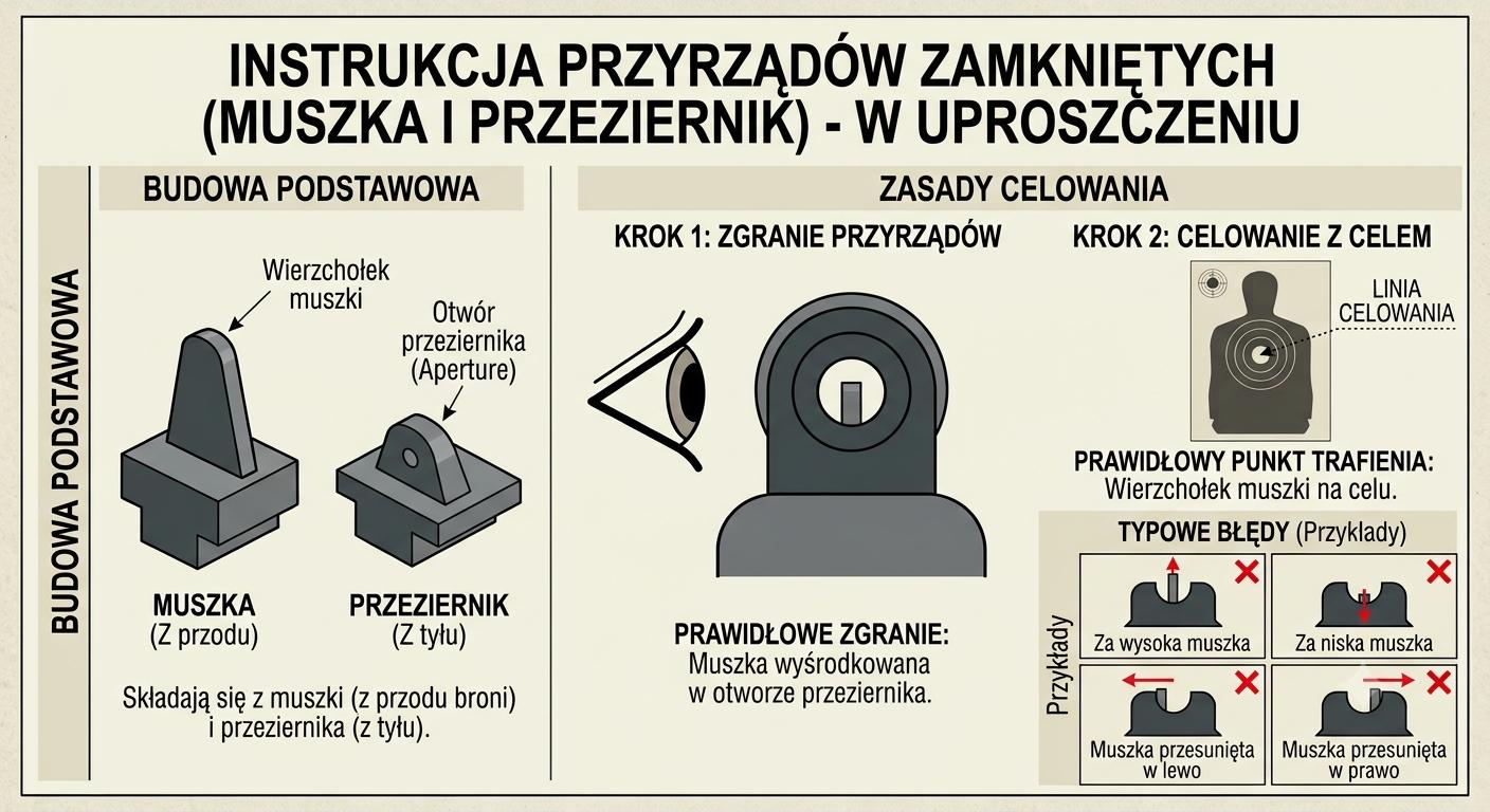 Instrukcja przyrządów zamkniętych — muszka i przeziernik: budowa, zgranie, typowe błędy.
