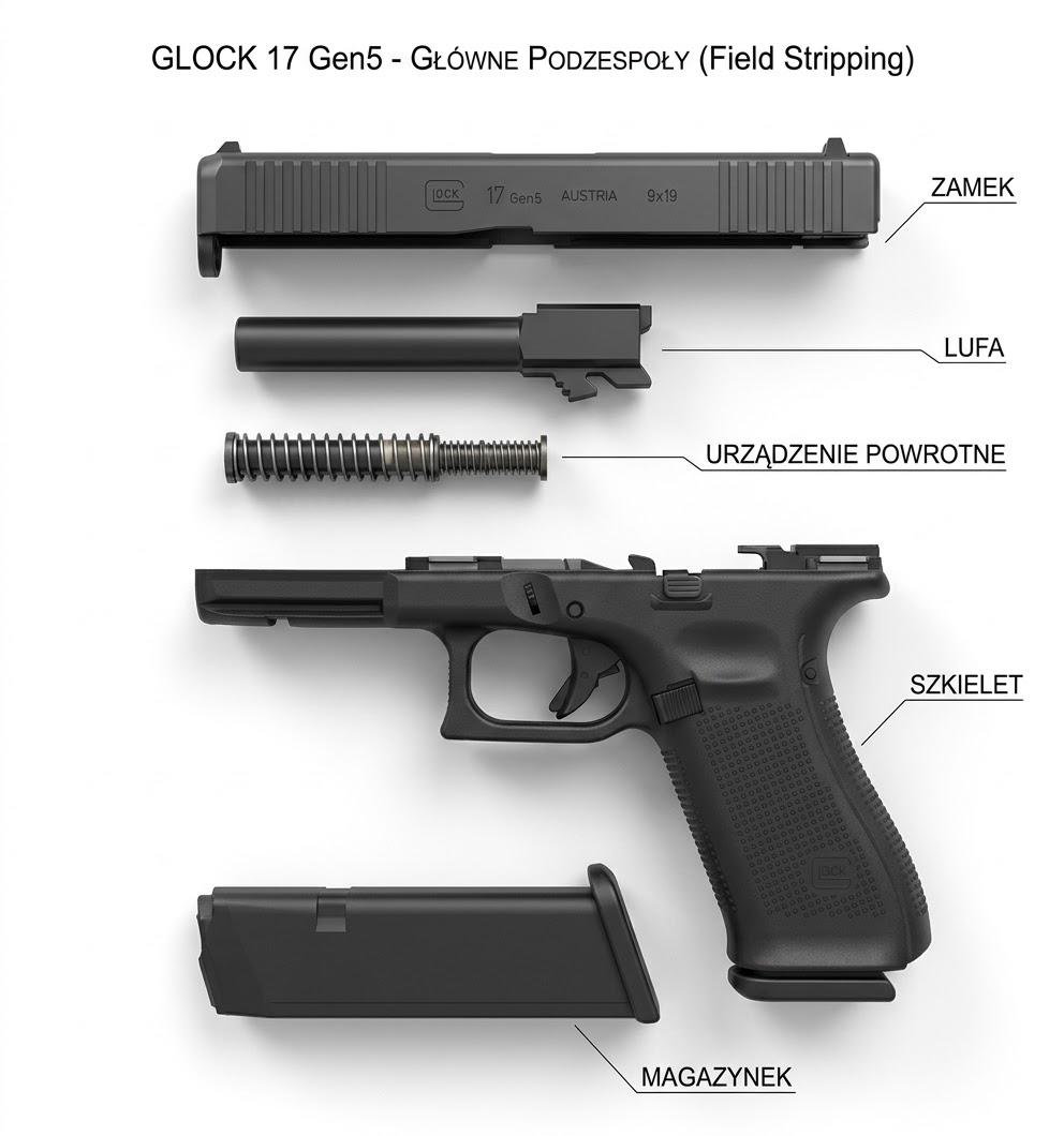 GLOCK 17 Gen5 — główne podzespoły: zamek, lufa, urządzenie powrotne, szkielet, magazynek