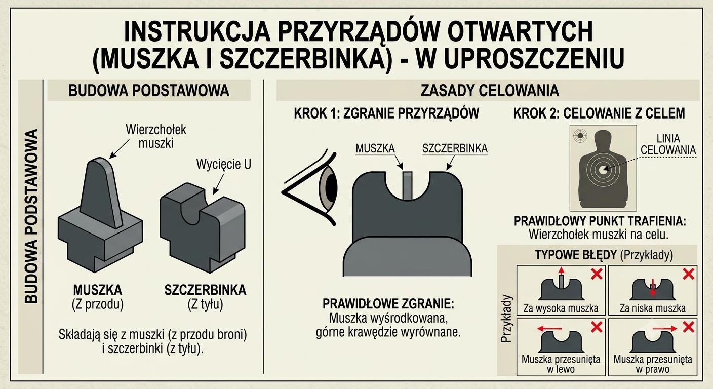 Instrukcja przyrządów otwartych — muszka i szczerbinka: budowa, zgranie, typowe błędy.