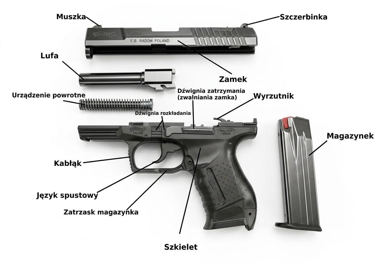 Walther P99 AS — główne podzespoły po częściowym rozłożeniu: zamek, lufa, urządzenie powrotne, szkielet, magazynek